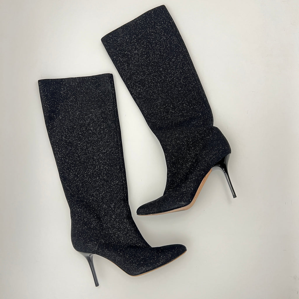 Jimmy Choo | Black Mavis Sparkly Crystal Glitter Leather Stiletto Boots (36)