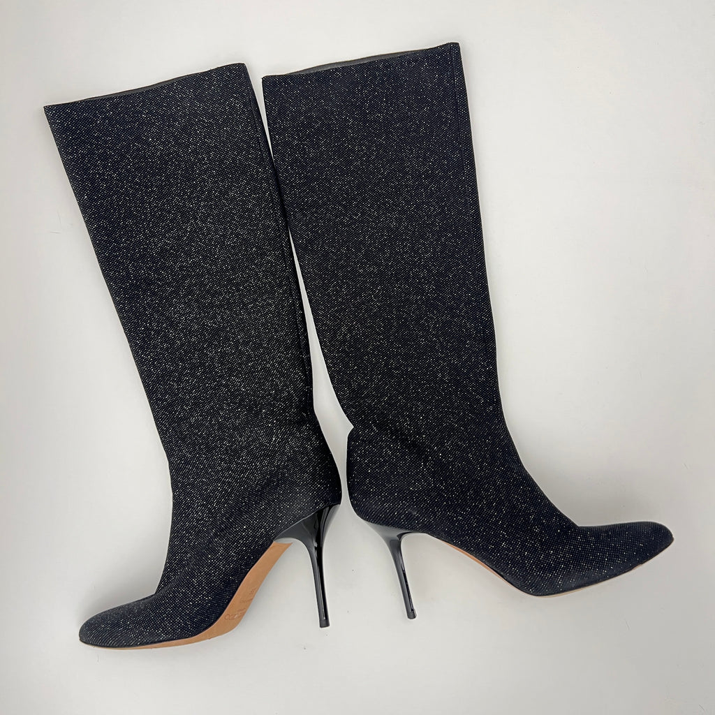 Jimmy Choo | Black Mavis Sparkly Crystal Glitter Leather Stiletto Boots (36)