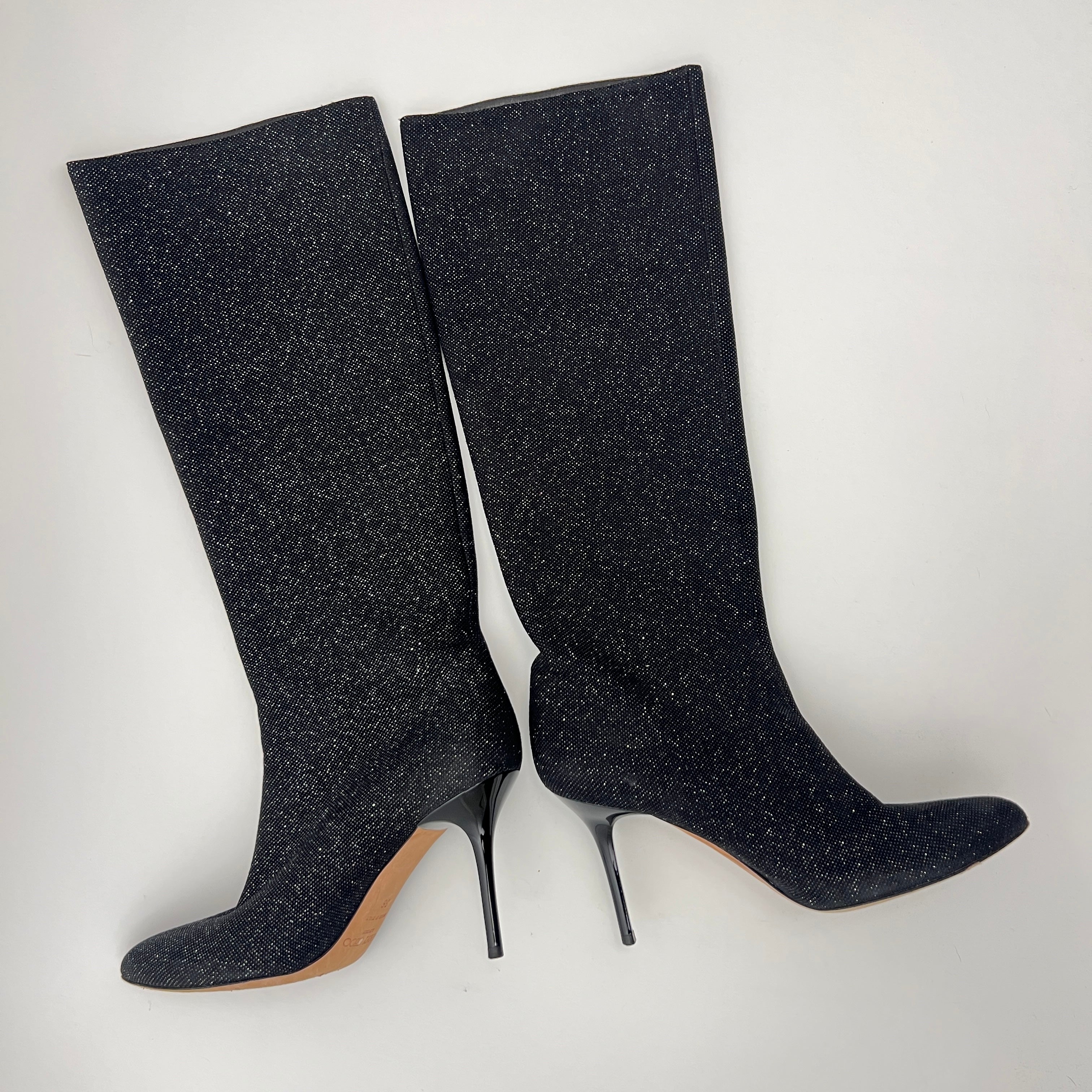 Jimmy Choo | Black Mavis Sparkly Crystal Glitter Leather Stiletto Boots (36)