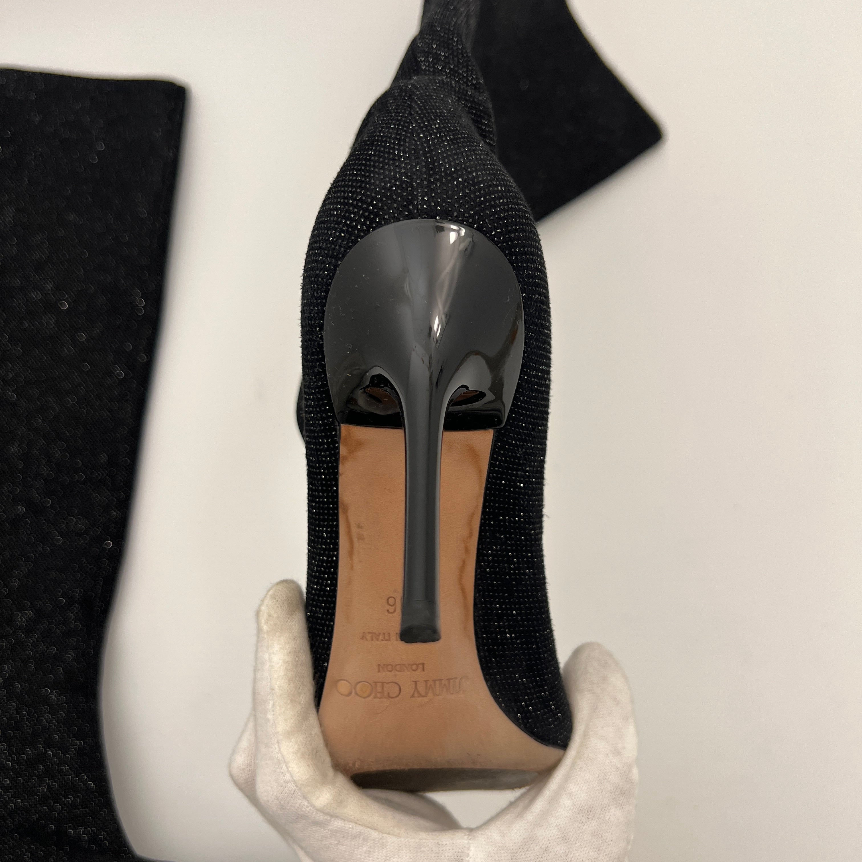 Jimmy Choo | Black Mavis Sparkly Crystal Glitter Leather Stiletto Boots (36)