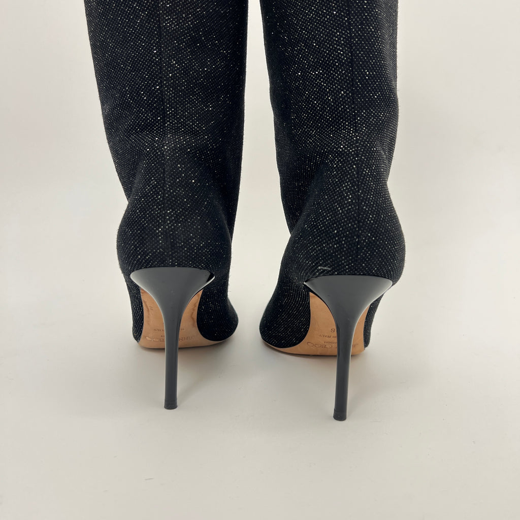 Jimmy Choo | Black Mavis Sparkly Crystal Glitter Leather Stiletto Boots (36)