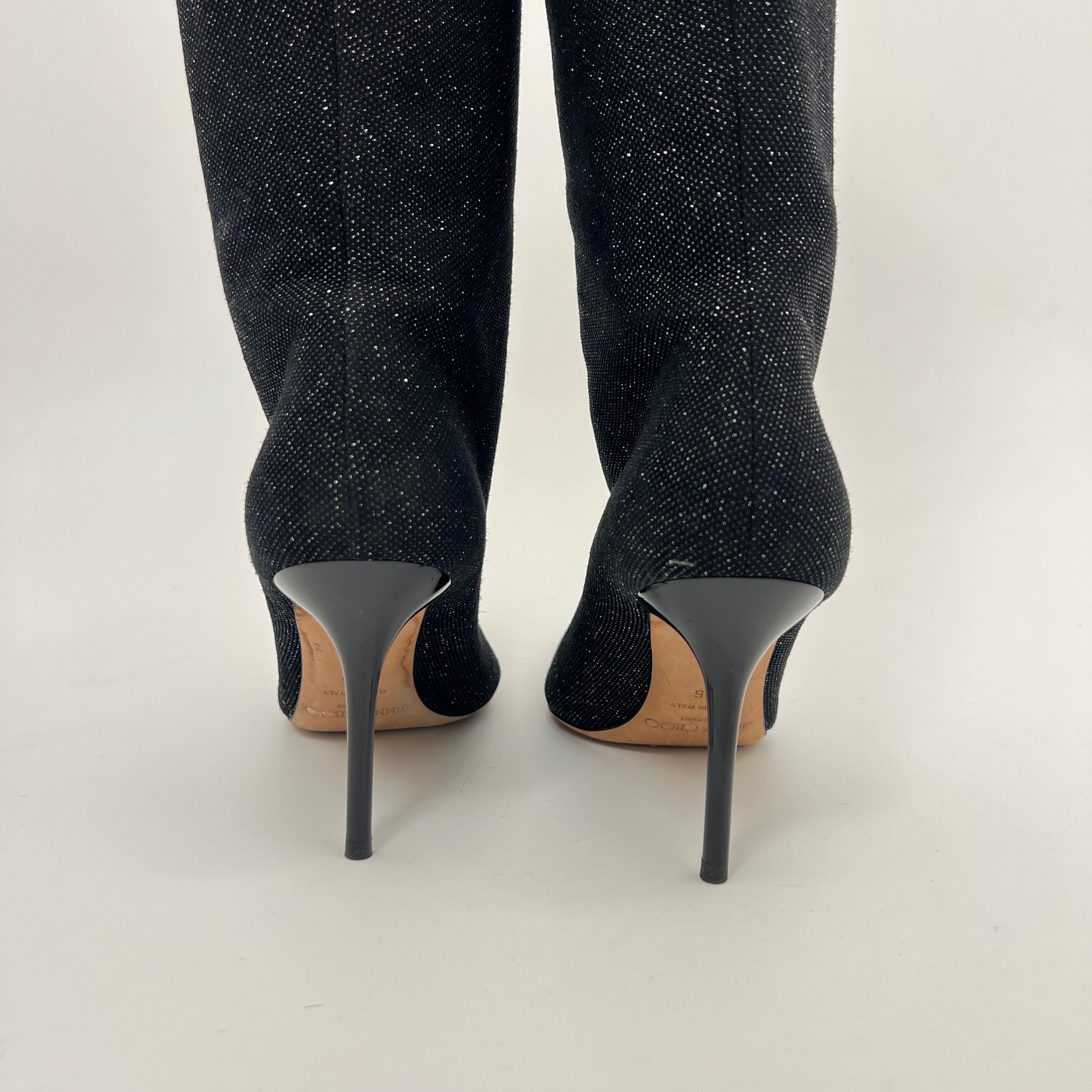 Jimmy Choo | Black Mavis Sparkly Crystal Glitter Leather Stiletto Boots (36)