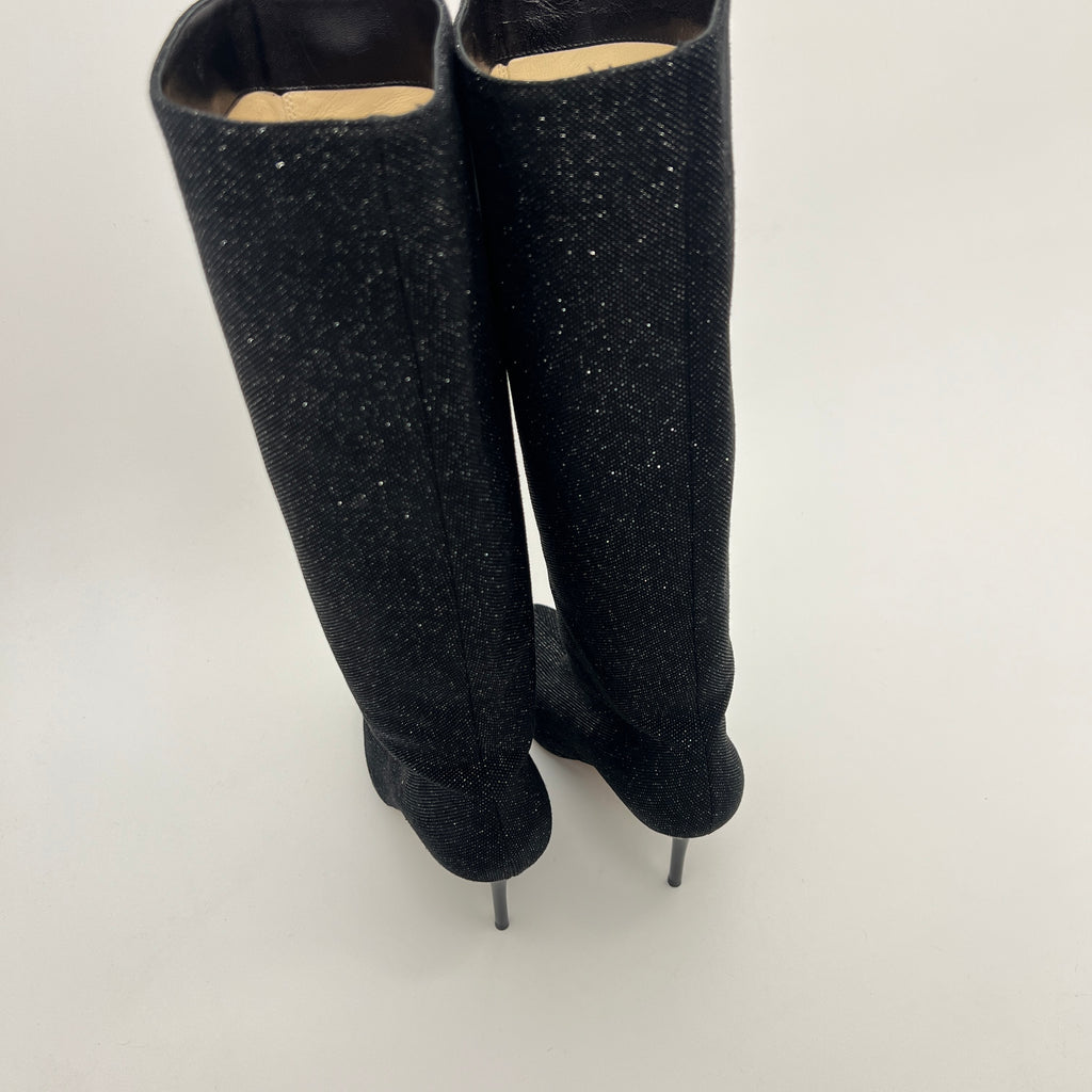Jimmy Choo | Black Mavis Sparkly Crystal Glitter Leather Stiletto Boots (36)