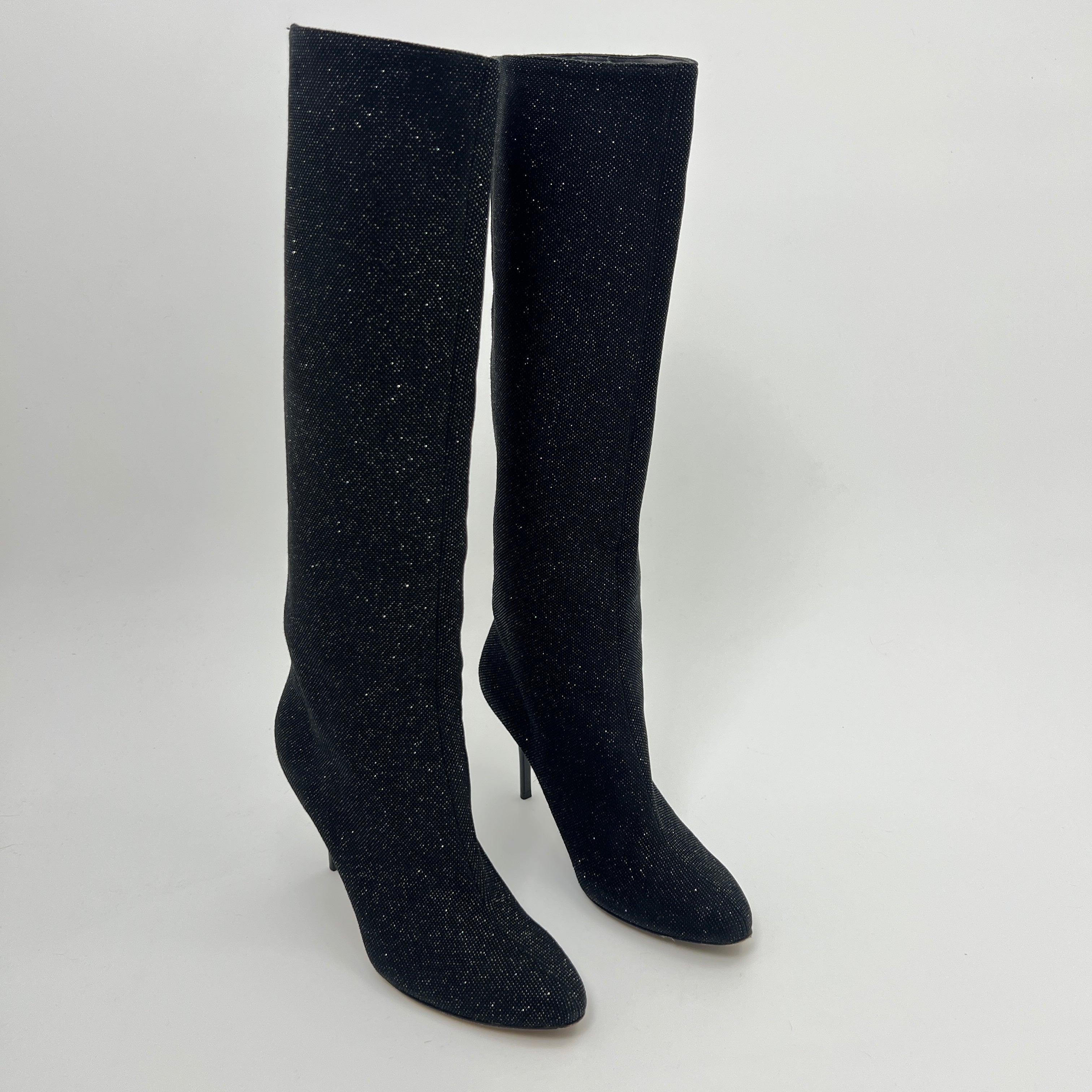 Jimmy Choo | Black Mavis Sparkly Crystal Glitter Leather Stiletto Boots (36)