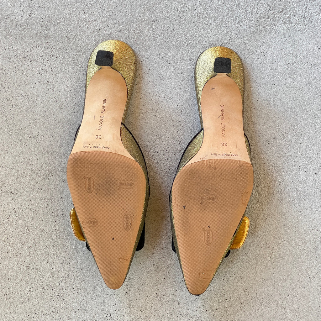 Manolo Blahnik | Maysale Metallic Gold Black Buckle Pointed Toe Slide Mules (38)
