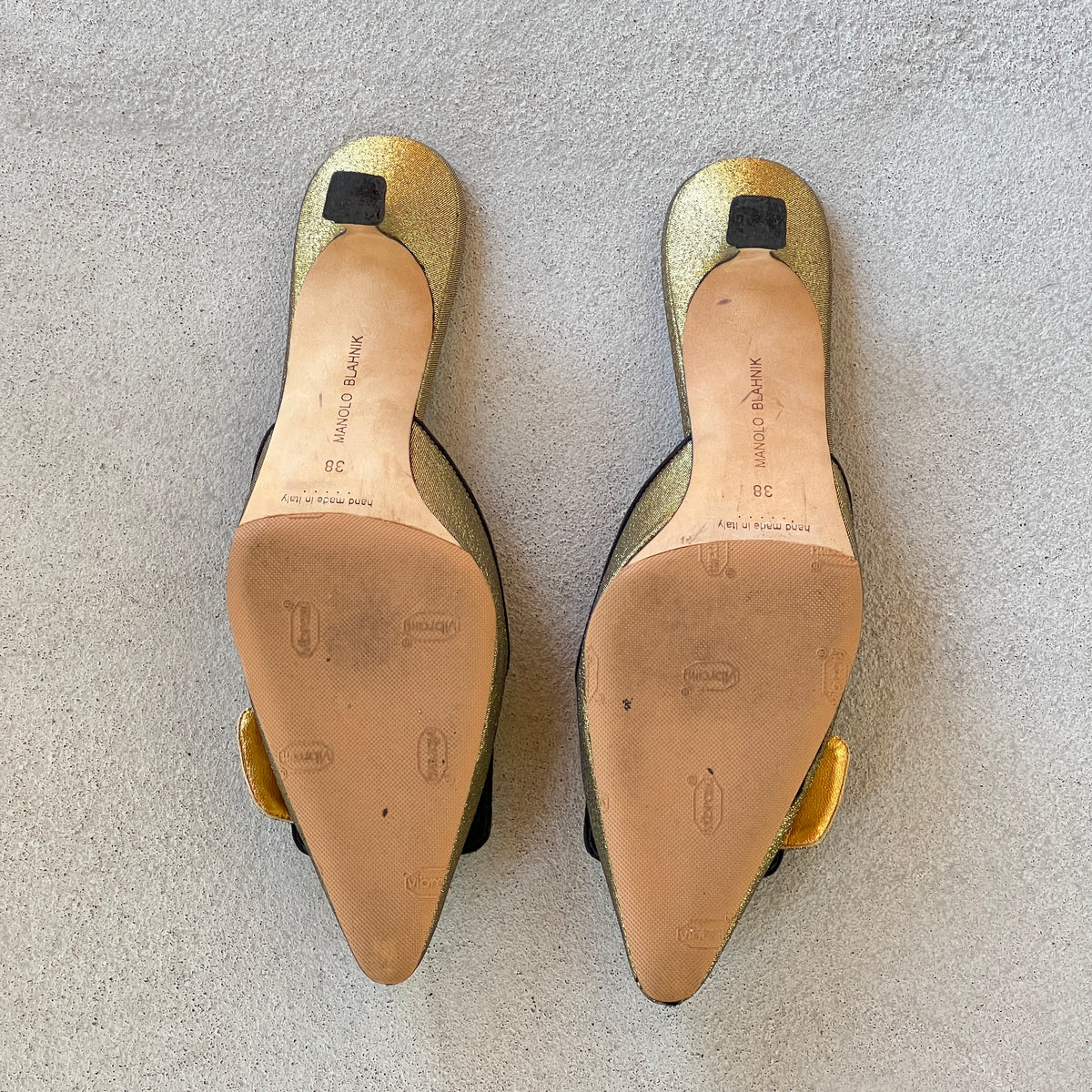 Manolo Blahnik | Maysale Metallic Gold Black Buckle Pointed Toe Slide Mules (38)