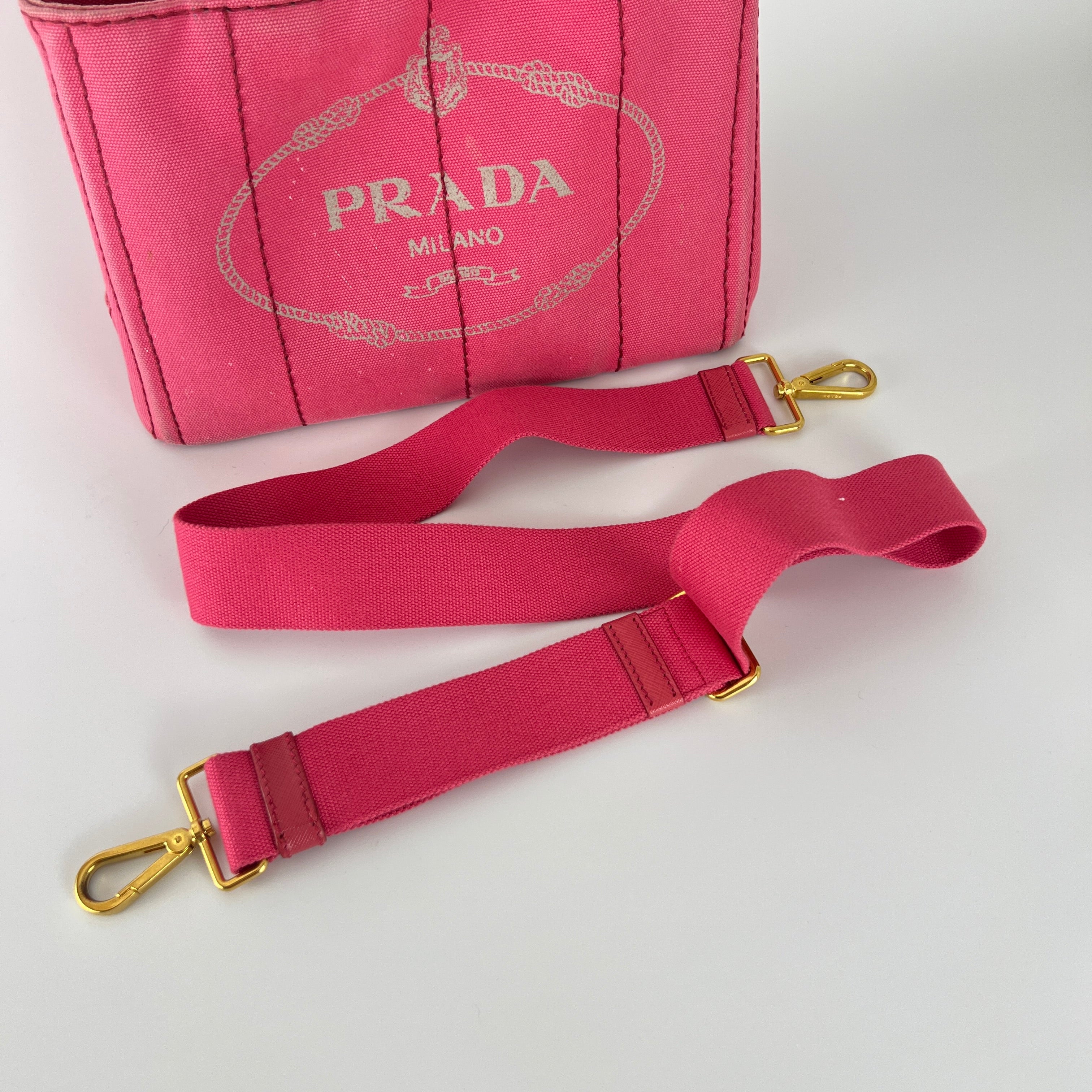 Prada | Canapa PM Pink Fuchsia Logo Cross Body Strap Canvas Bag Gold Hardware