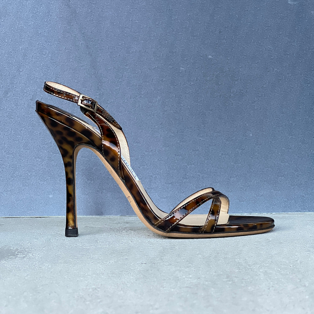 Jimmy Choo | Tortoise Patent Leather Crossover Slingback Sandal Heels (35)