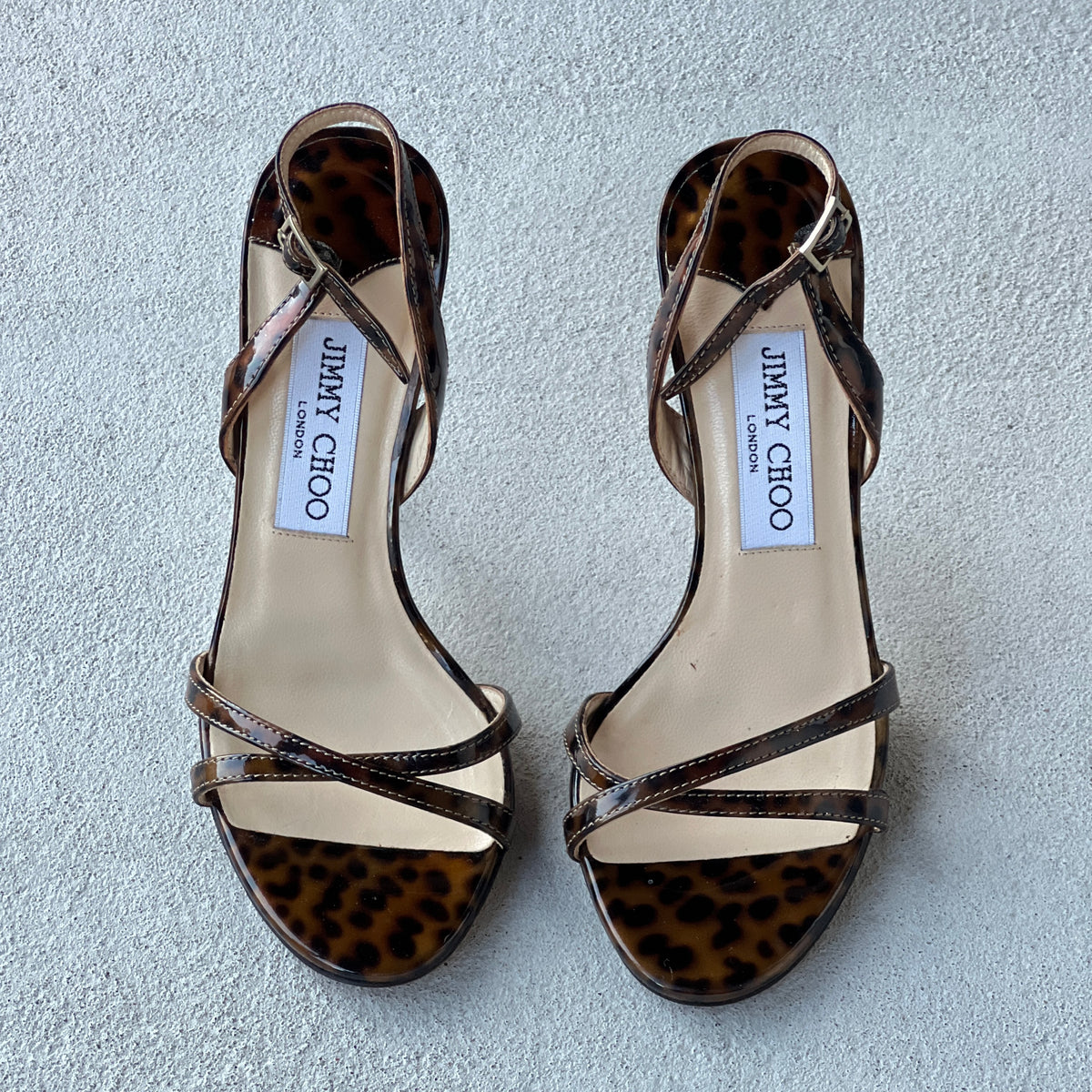 Jimmy Choo | Tortoise Patent Leather Crossover Slingback Sandal Heels (35)