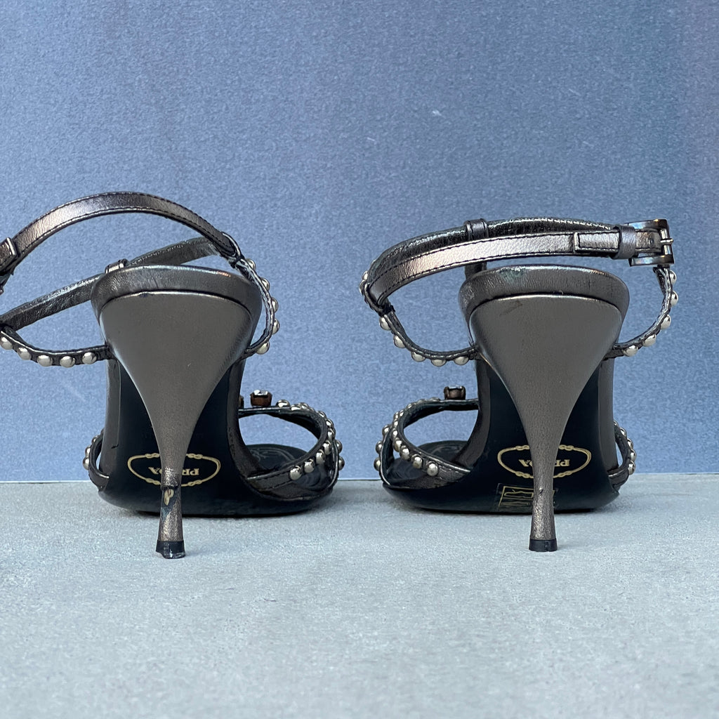 Prada | Vintage Black Silver Leather Studded T-Strap Sandal Heels (37)