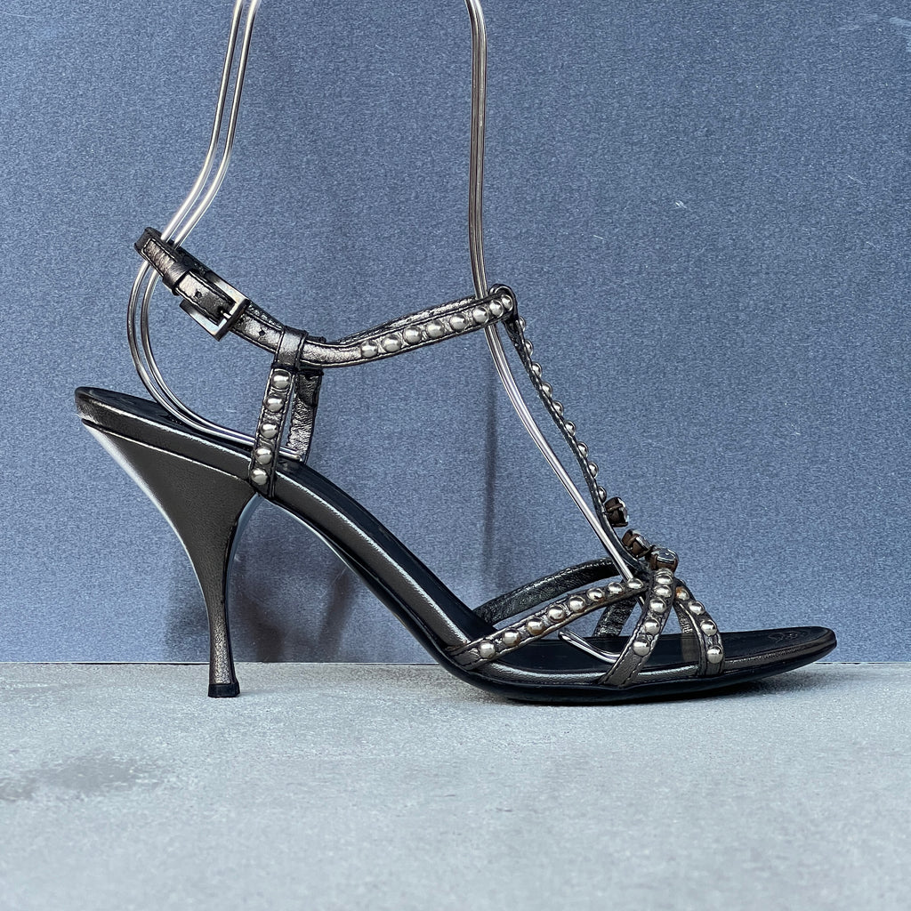Prada | Vintage Black Silver Leather Studded T-Strap Sandal Heels (37)
