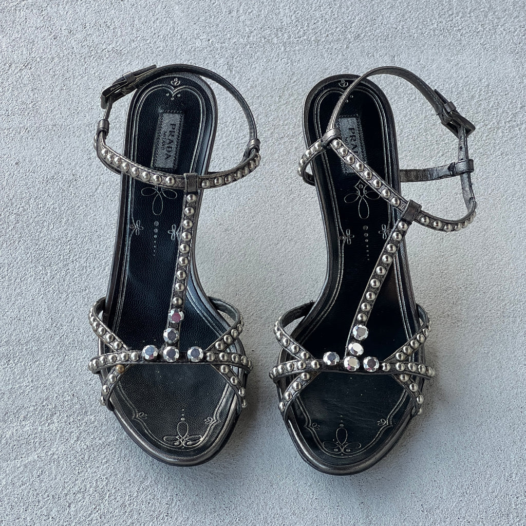 Prada | Vintage Black Silver Leather Studded T-Strap Sandal Heels (37)