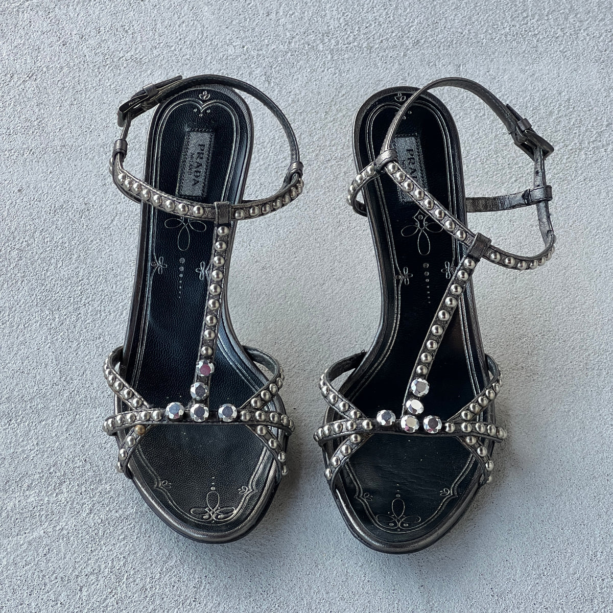 Prada | Vintage Black Silver Leather Studded T-Strap Sandal Heels (37)