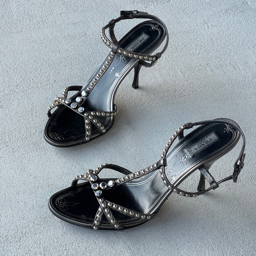 Prada | Vintage Black Silver Leather Studded T-Strap Sandal Heels (37)