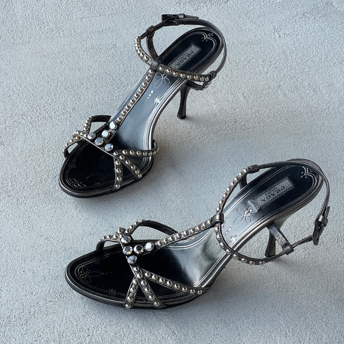 Prada | Vintage Black Silver Leather Studded T-Strap Sandal Heels (37)