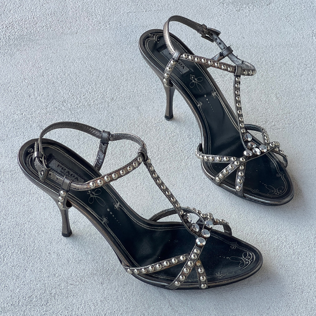 Prada | Vintage Black Silver Leather Studded T-Strap Sandal Heels (37)