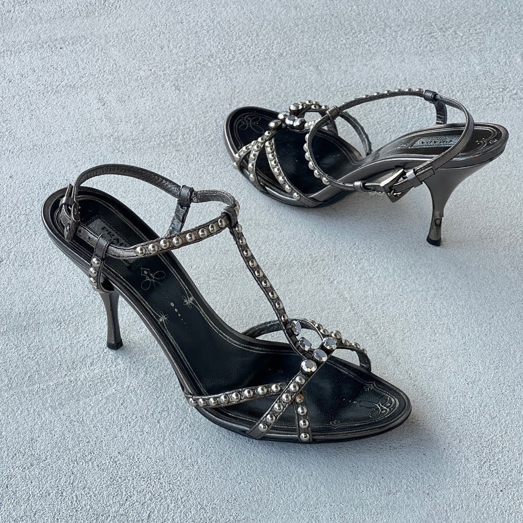 Prada | Vintage Black Silver Leather Studded T-Strap Sandal Heels (37)