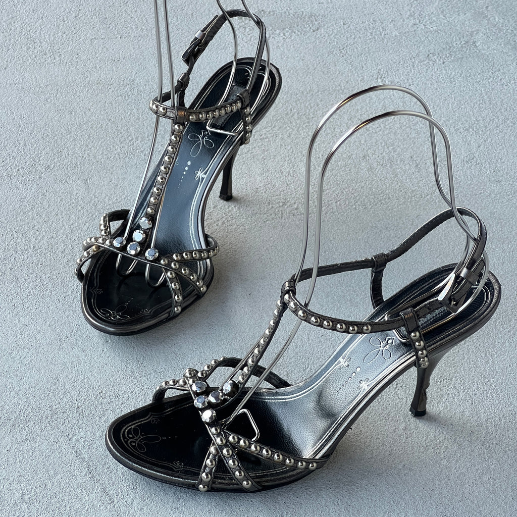 Prada | Vintage Black Silver Leather Studded T-Strap Sandal Heels (37)