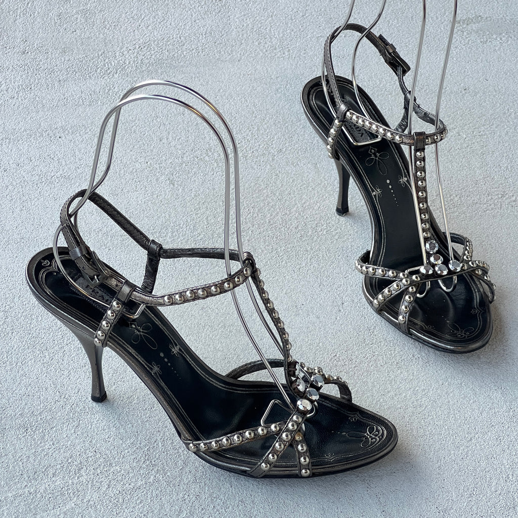 Prada | Vintage Black Silver Leather Studded T-Strap Sandal Heels (37)