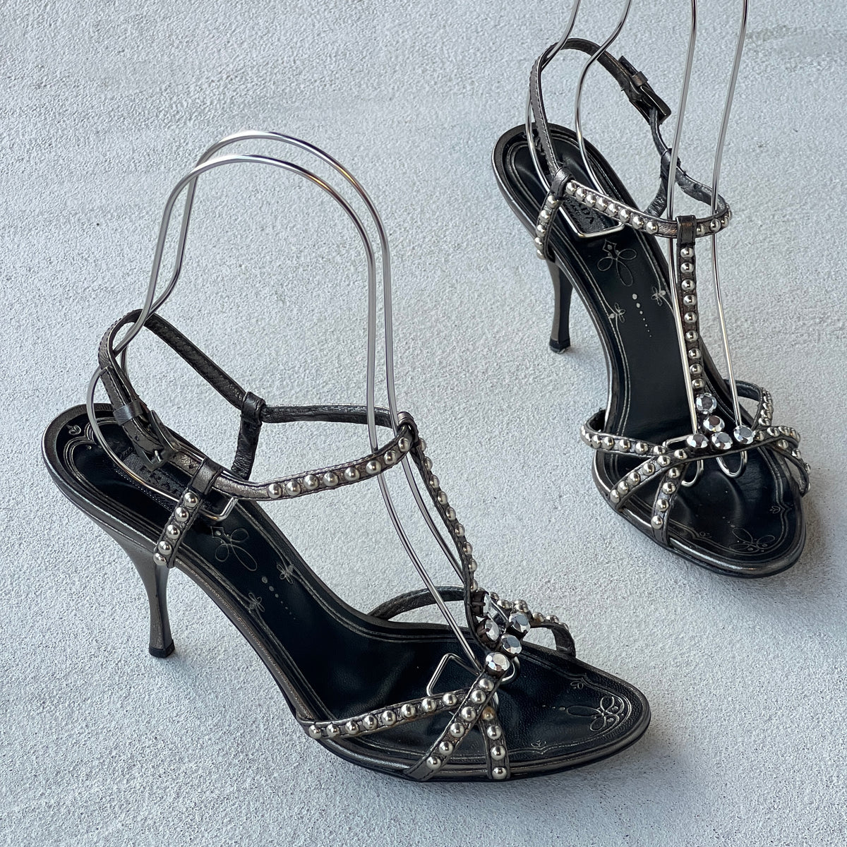 Prada | Vintage Black Silver Leather Studded T-Strap Sandal Heels (37)