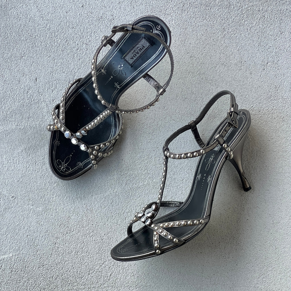 Prada | Vintage Black Silver Leather Studded T-Strap Sandal Heels (37)