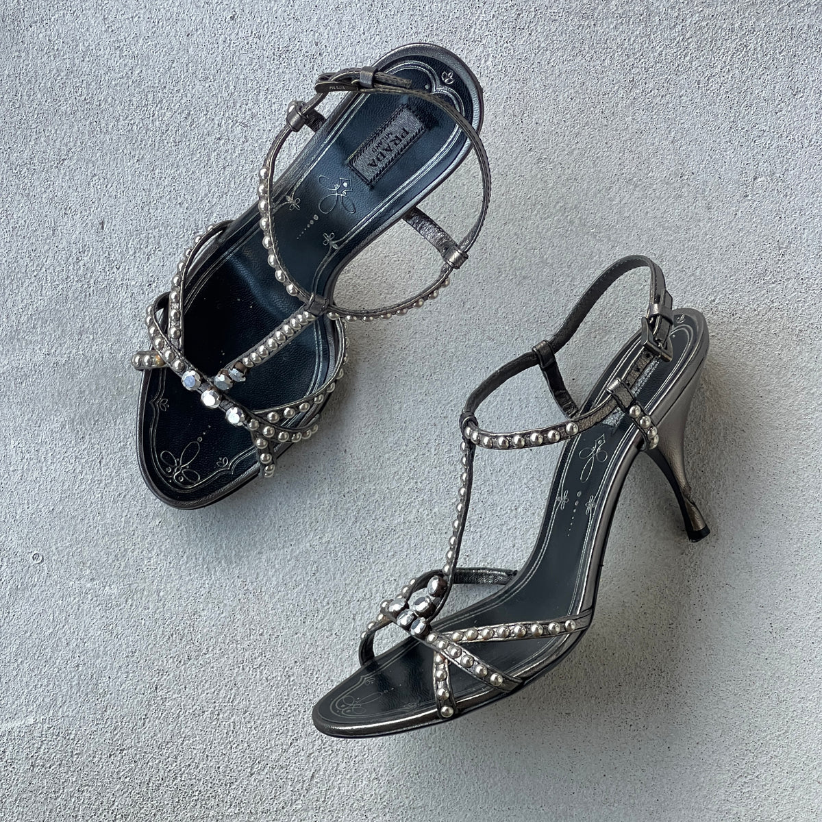 Prada | Vintage Black Silver Leather Studded T-Strap Sandal Heels (37)