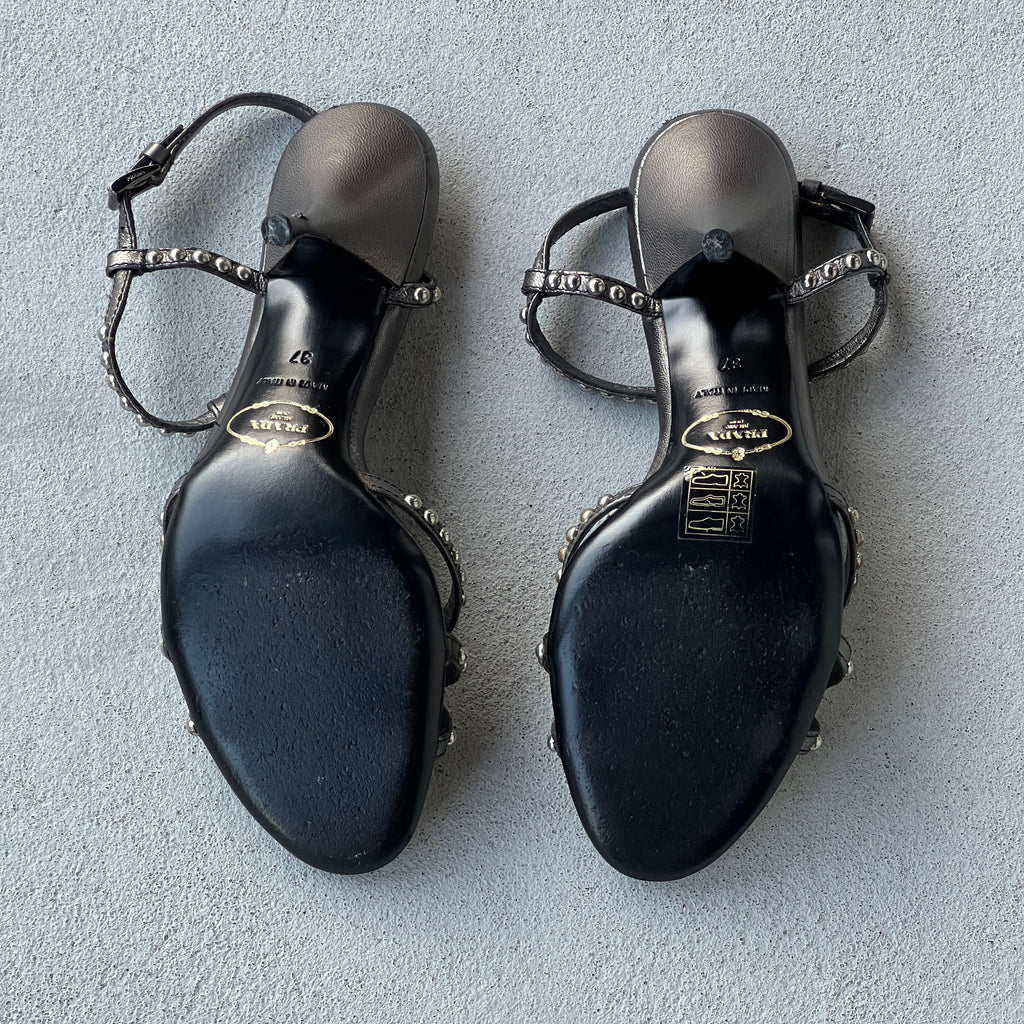 Prada | Vintage Black Silver Leather Studded T-Strap Sandal Heels (37)