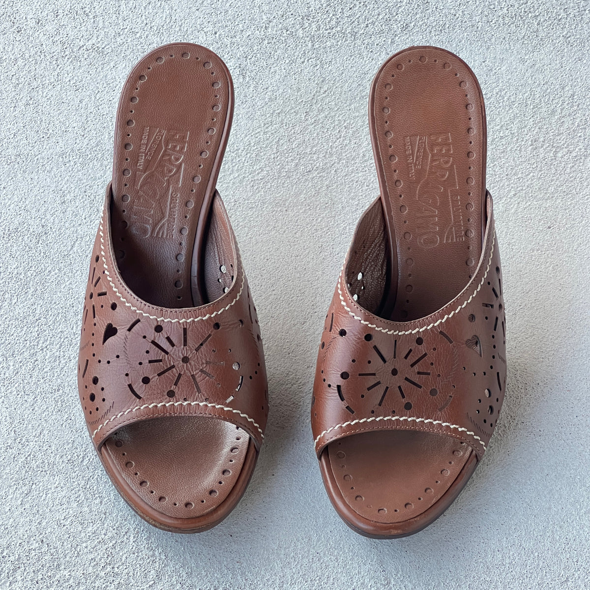 Ferragamo | Brown Leather Cutwork Slide Mules (6.5 , 36.5)