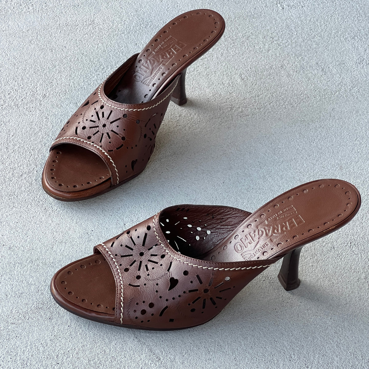 Ferragamo | Brown Leather Cutwork Slide Mules (6.5 , 36.5)