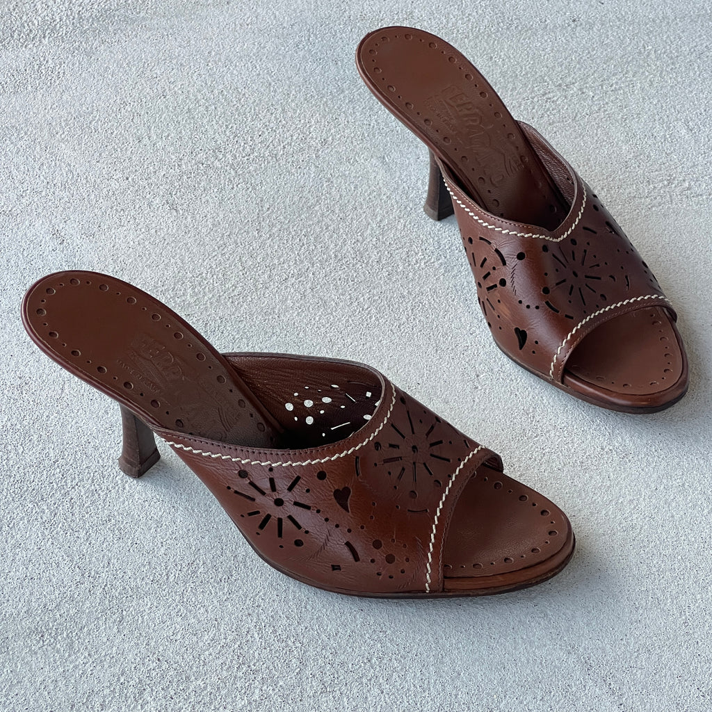 Ferragamo | Brown Leather Cutwork Slide Mules (6.5 , 36.5)