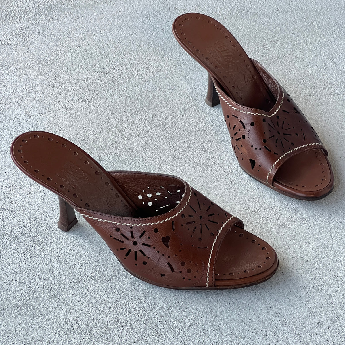 Ferragamo | Brown Leather Cutwork Slide Mules (6.5 , 36.5)