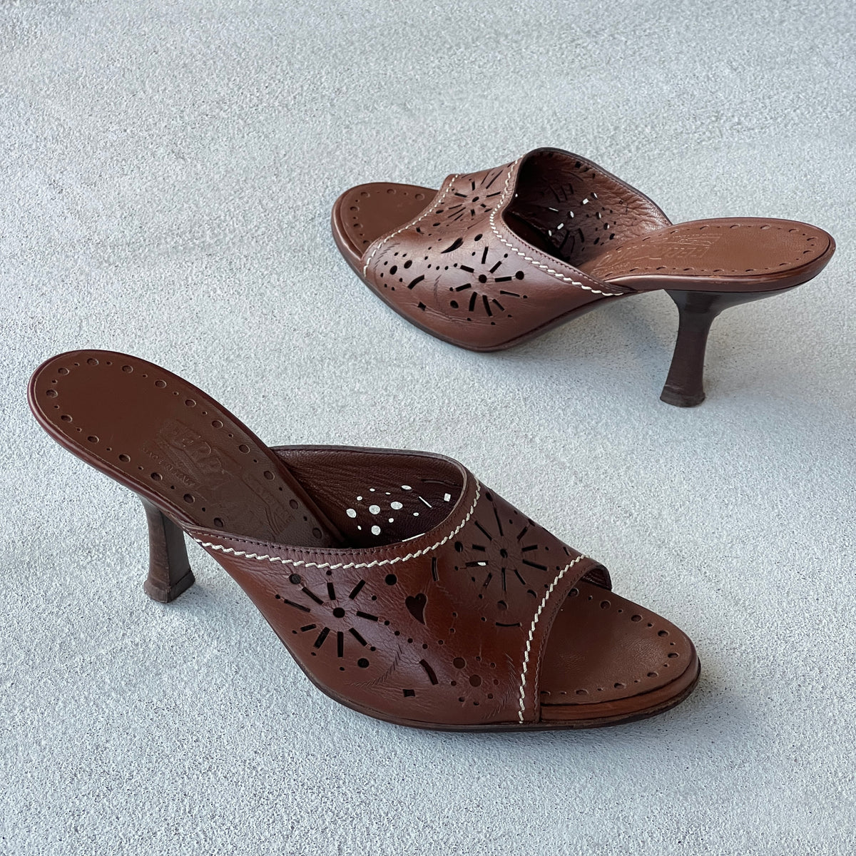 Ferragamo | Brown Leather Cutwork Slide Mules (6.5 , 36.5)