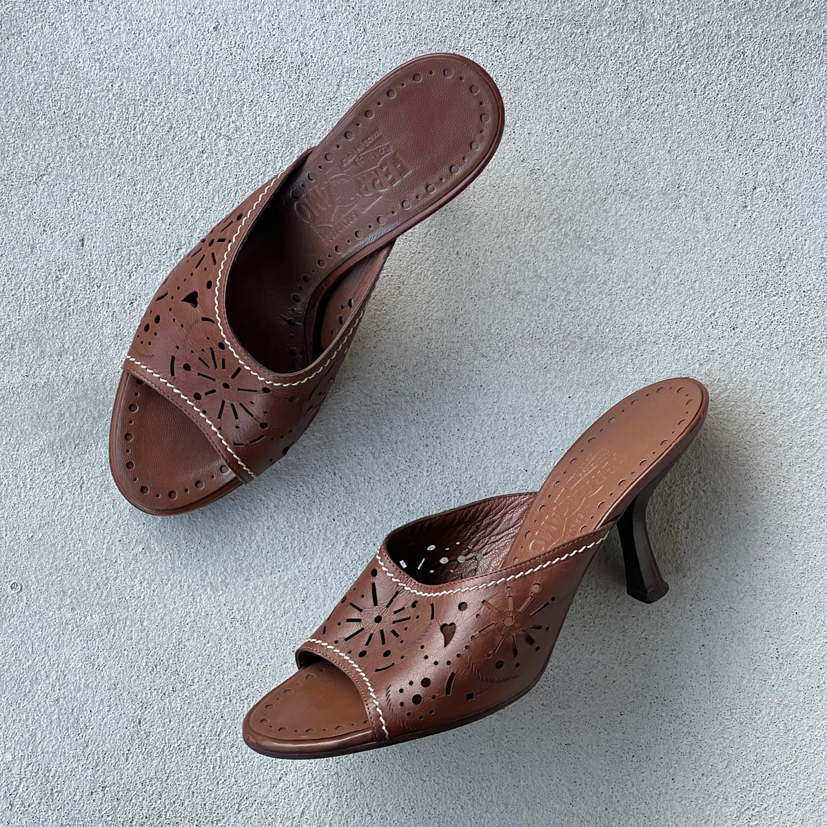 Ferragamo | Brown Leather Cutwork Slide Mules (6.5 , 36.5)