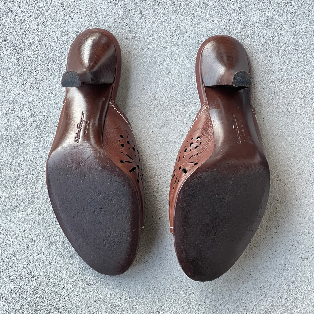 Ferragamo | Brown Leather Cutwork Slide Mules (6.5 , 36.5)