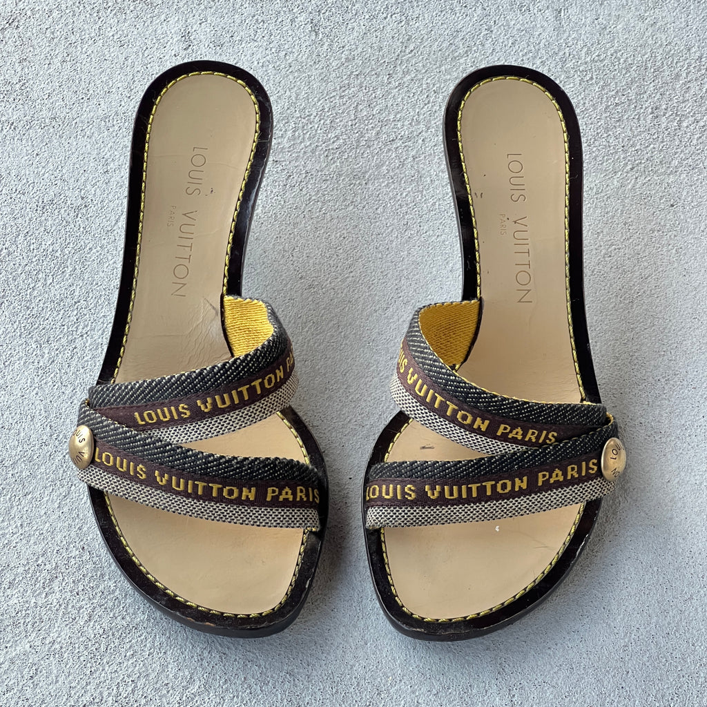 Louis Vuitton | Canvas Logo Strap LV Button Kitten Heel Slide Mules (37)