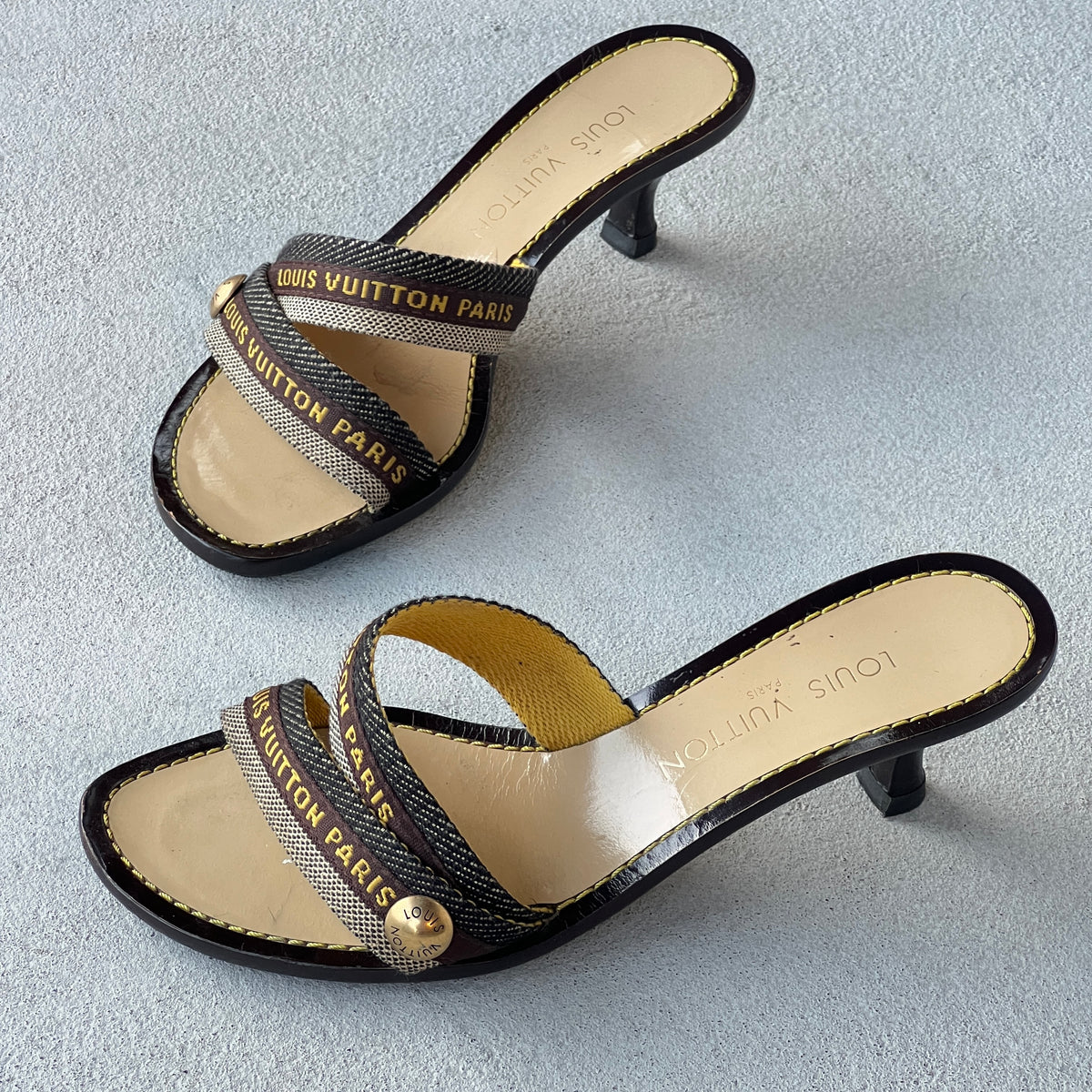 Louis Vuitton | Canvas Logo Strap LV Button Kitten Heel Slide Mules (37)
