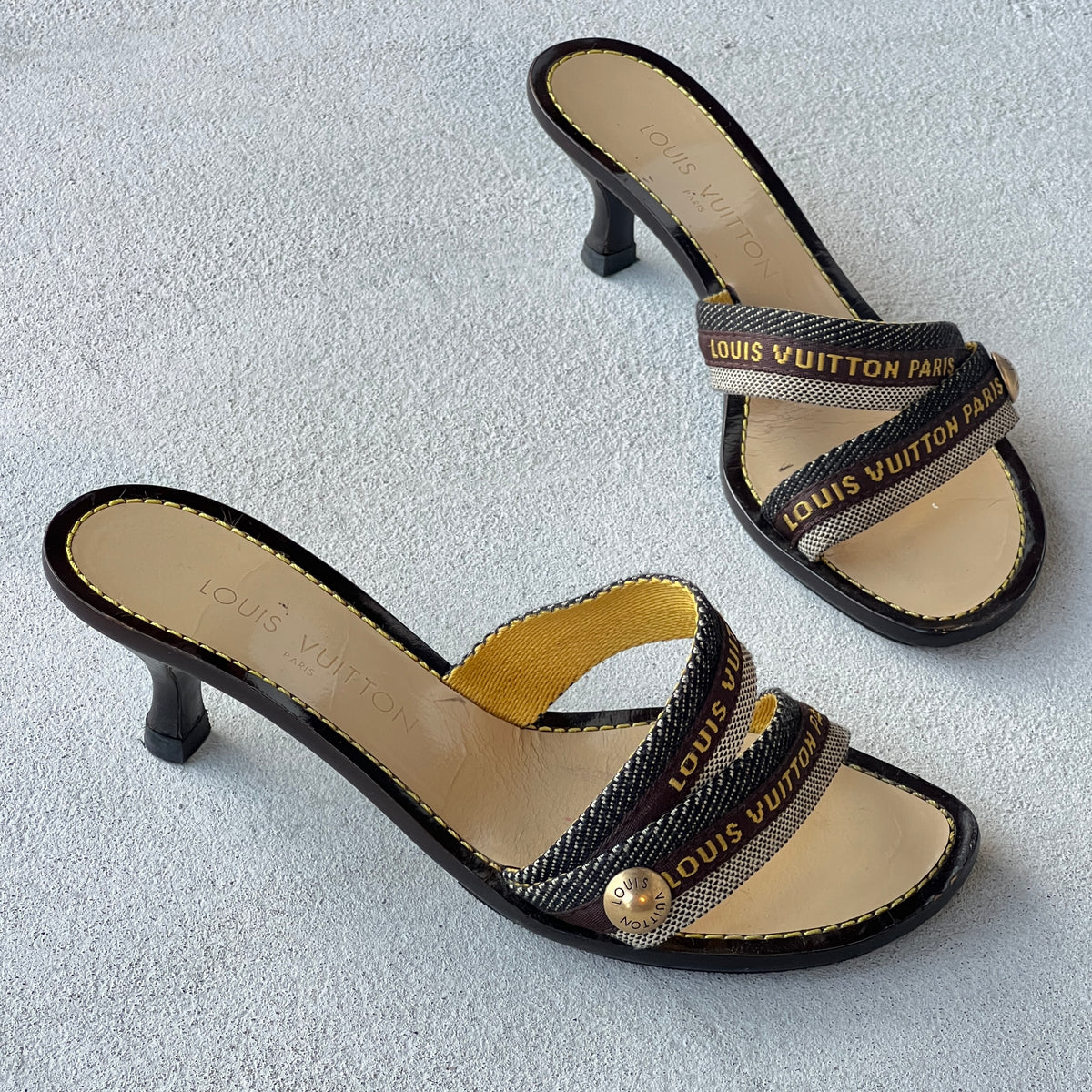 Louis Vuitton | Canvas Logo Strap LV Button Kitten Heel Slide Mules (37)