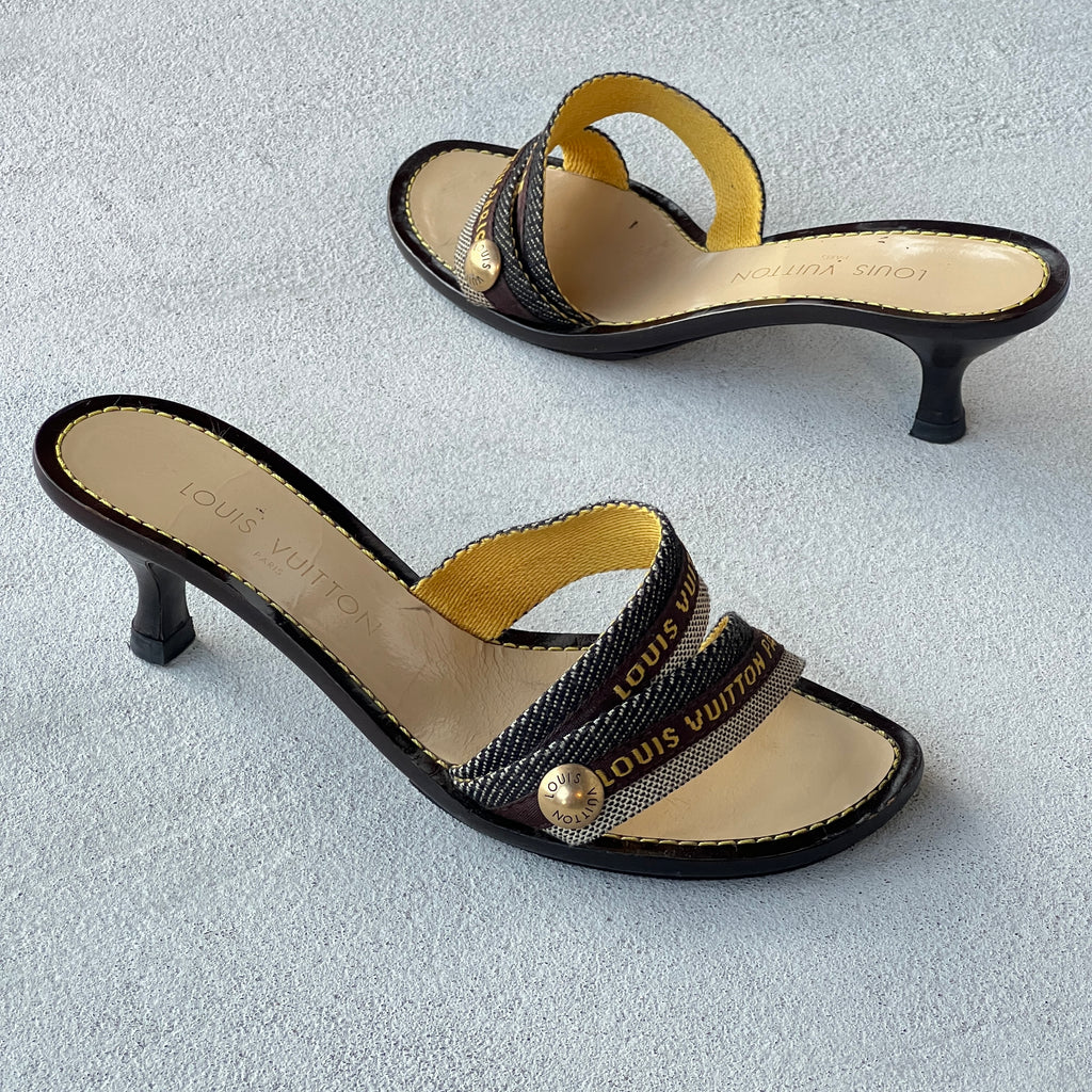 Louis Vuitton | Canvas Logo Strap LV Button Kitten Heel Slide Mules (37)
