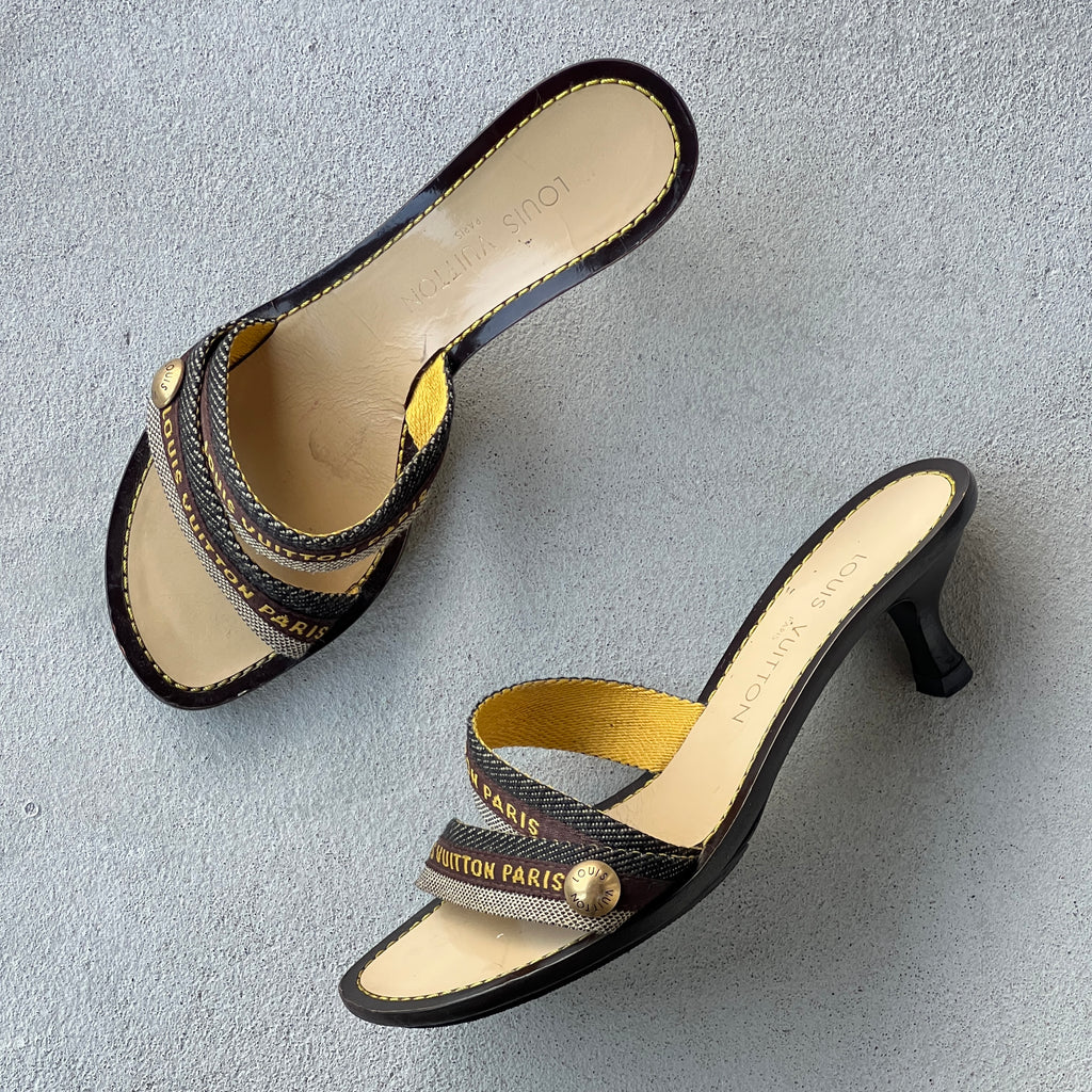 Louis Vuitton | Canvas Logo Strap LV Button Kitten Heel Slide Mules (37)