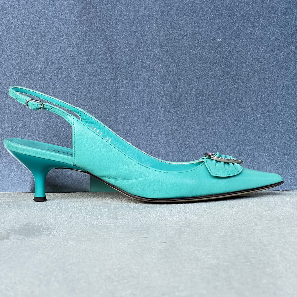 Jill Stuart | Turquoise Leather Rhinestone Embellished Heart Buckle Pointed Toe Heels (36)