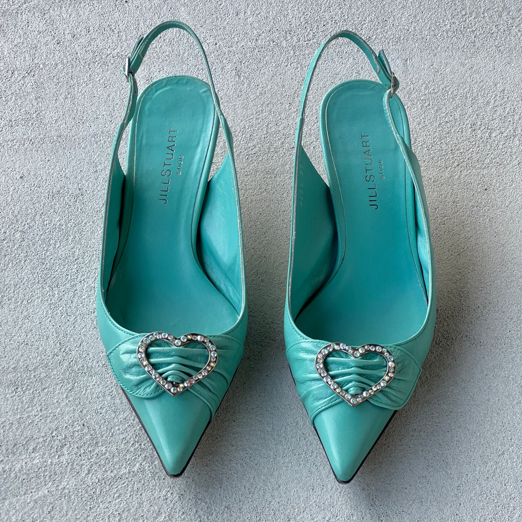 Jill Stuart | Turquoise Leather Rhinestone Embellished Heart Buckle Pointed Toe Heels (36)