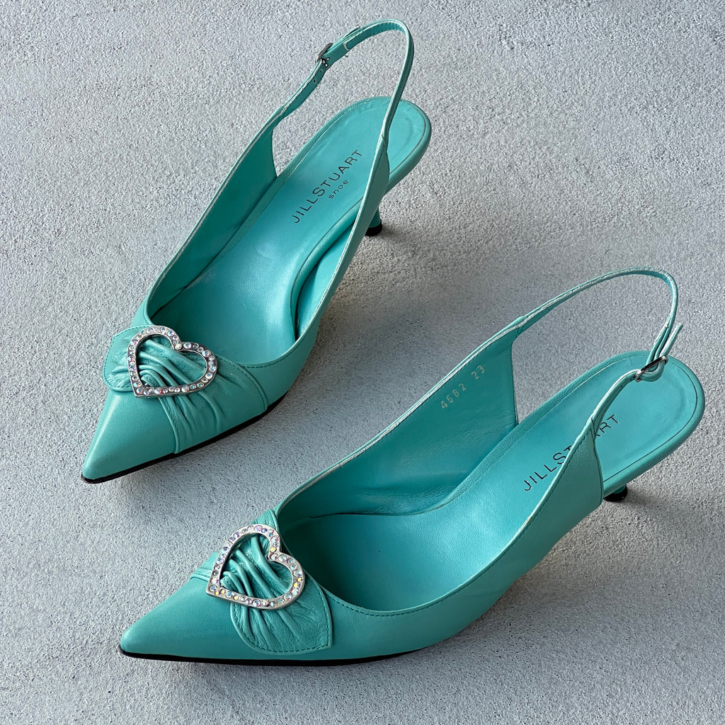 Jill Stuart | Turquoise Leather Rhinestone Embellished Heart Buckle Pointed Toe Heels (36)