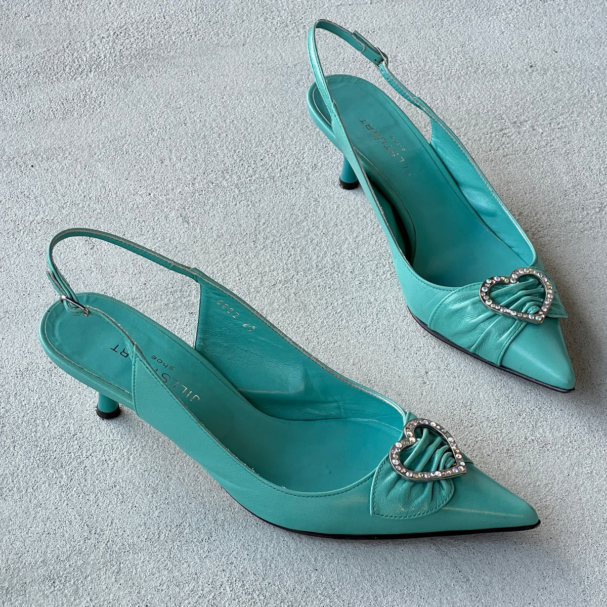 Jill Stuart | Turquoise Leather Rhinestone Embellished Heart Buckle Pointed Toe Heels (36)