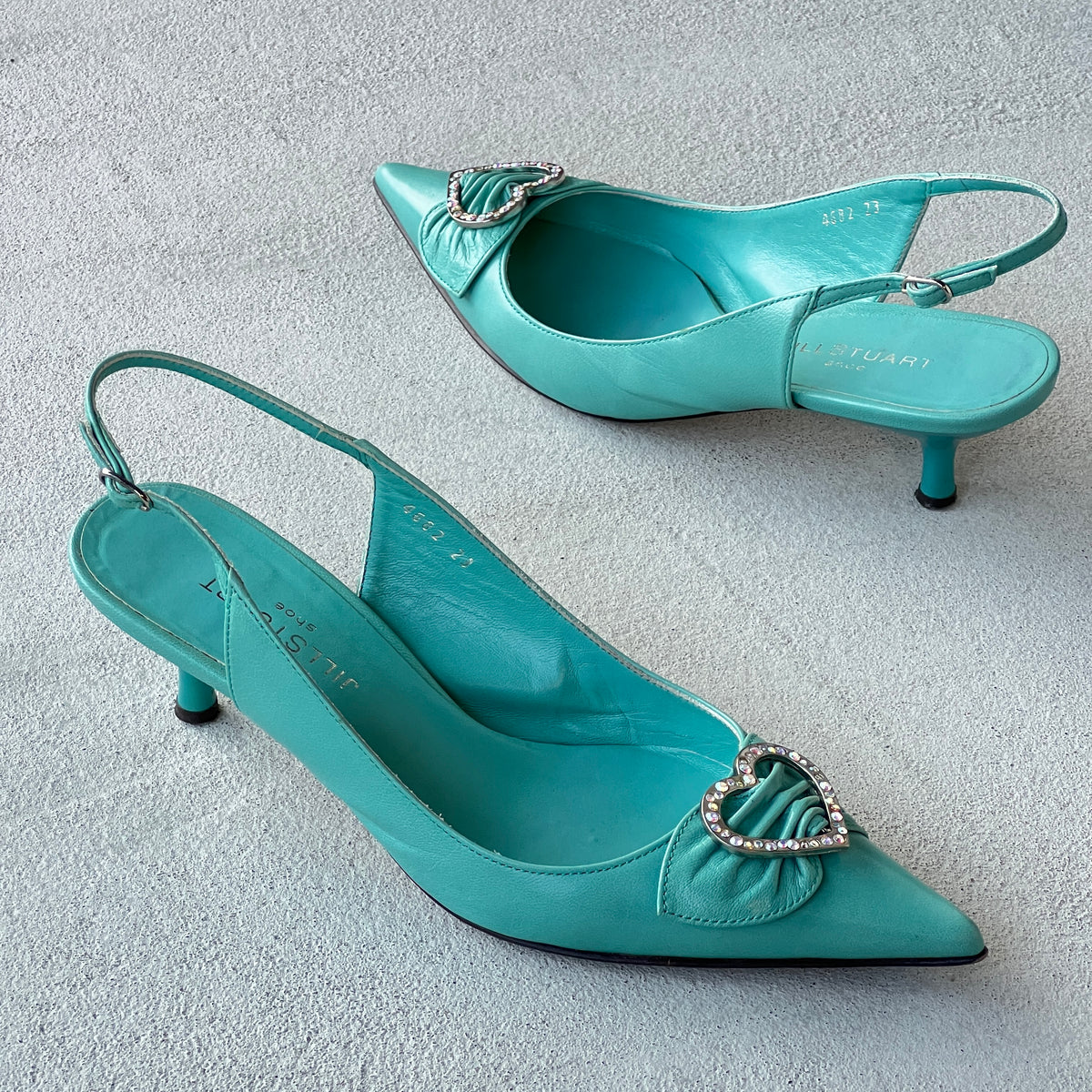 Jill Stuart | Turquoise Leather Rhinestone Embellished Heart Buckle Pointed Toe Heels (36)