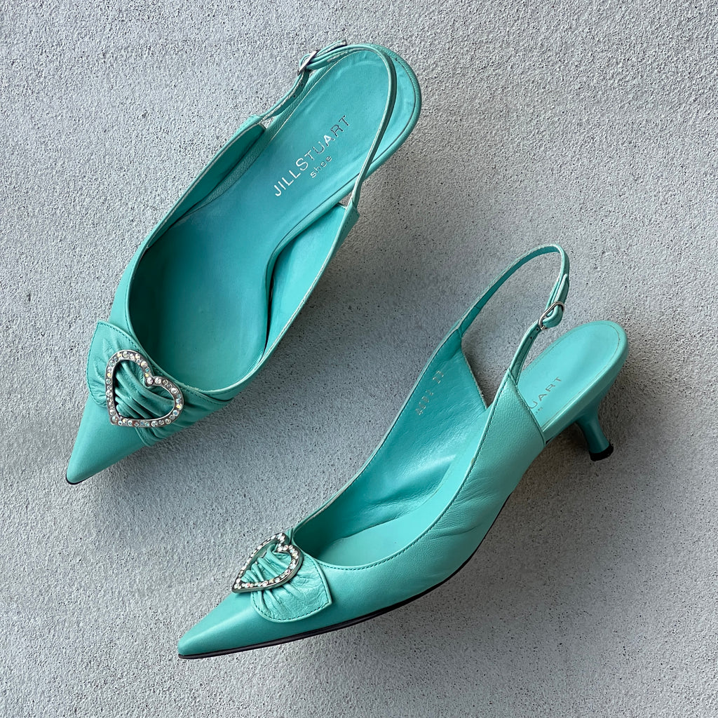 Jill Stuart | Turquoise Leather Rhinestone Embellished Heart Buckle Pointed Toe Heels (36)