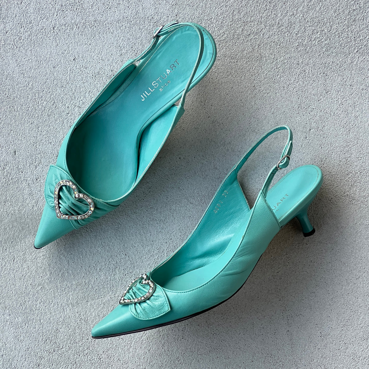 Jill Stuart | Turquoise Leather Rhinestone Embellished Heart Buckle Pointed Toe Heels (36)