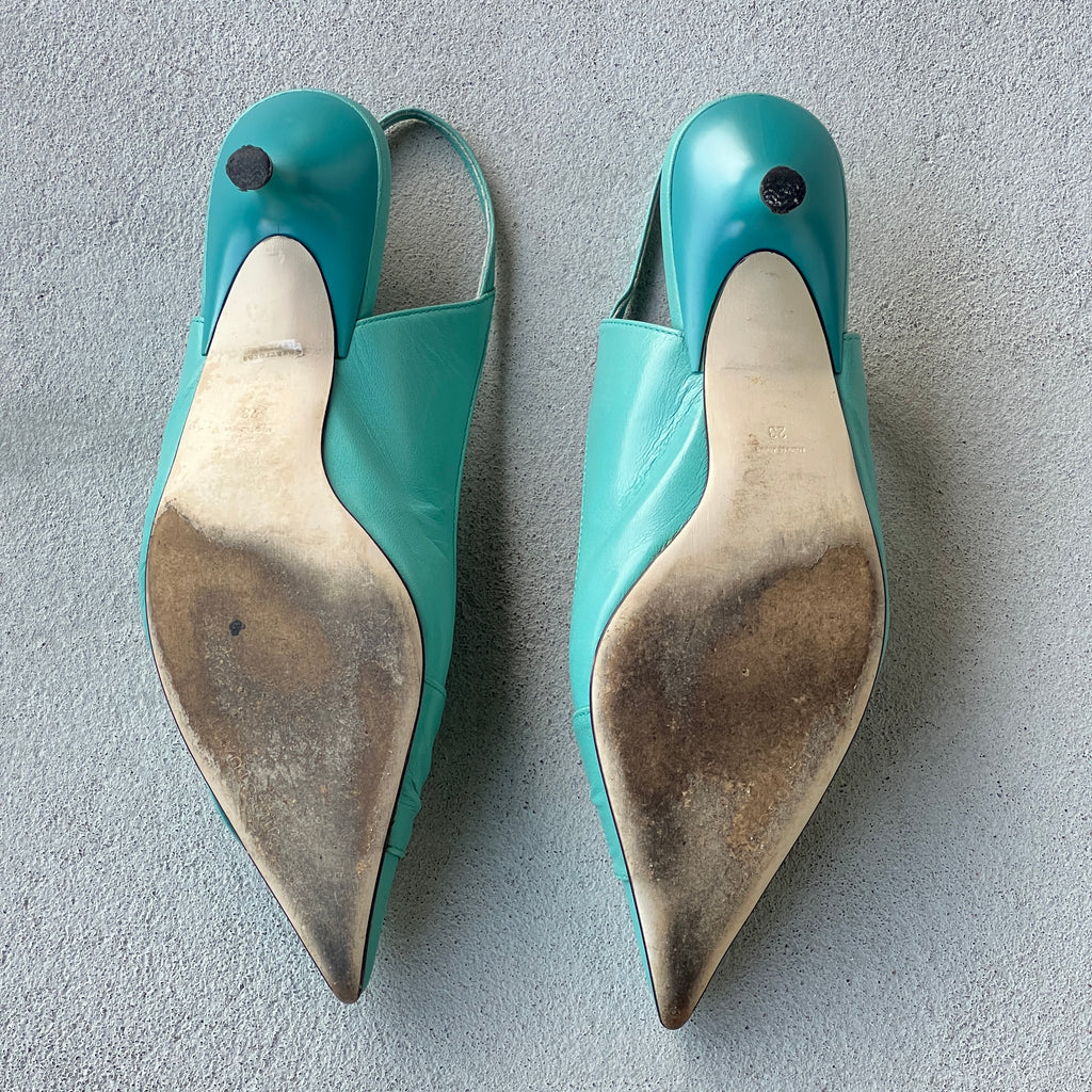 Jill Stuart | Turquoise Leather Rhinestone Embellished Heart Buckle Pointed Toe Heels (36)