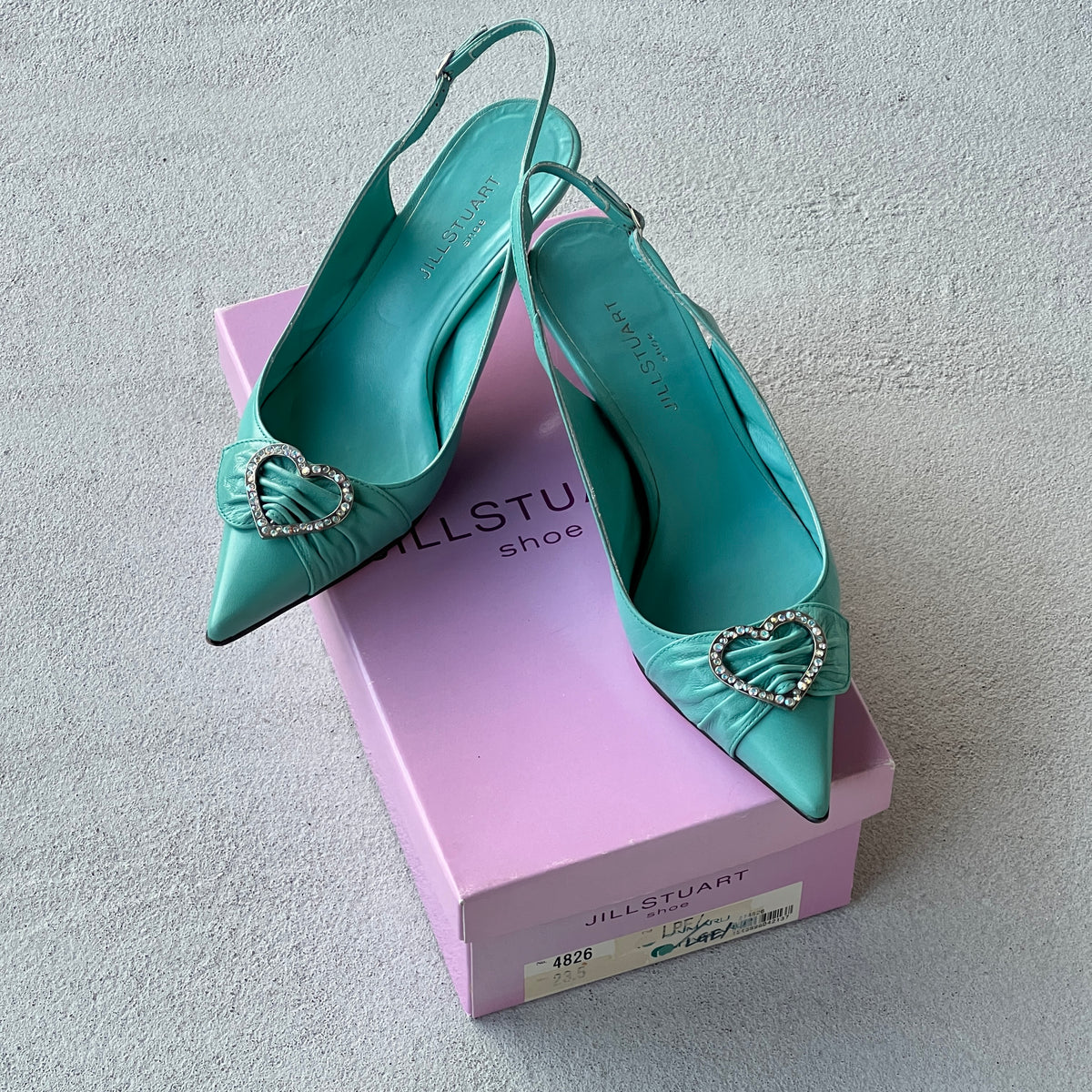 Jill Stuart | Turquoise Leather Rhinestone Embellished Heart Buckle Pointed Toe Heels (36)