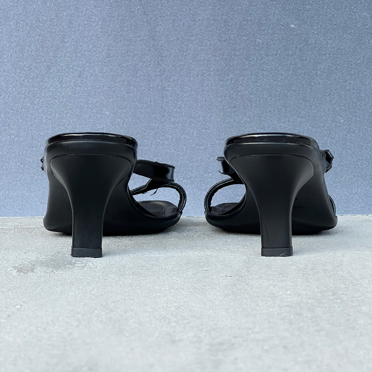Prada | Vintage 2000s Black Leather Silver Logo Buckle Kitten Heel Mules (36.5)