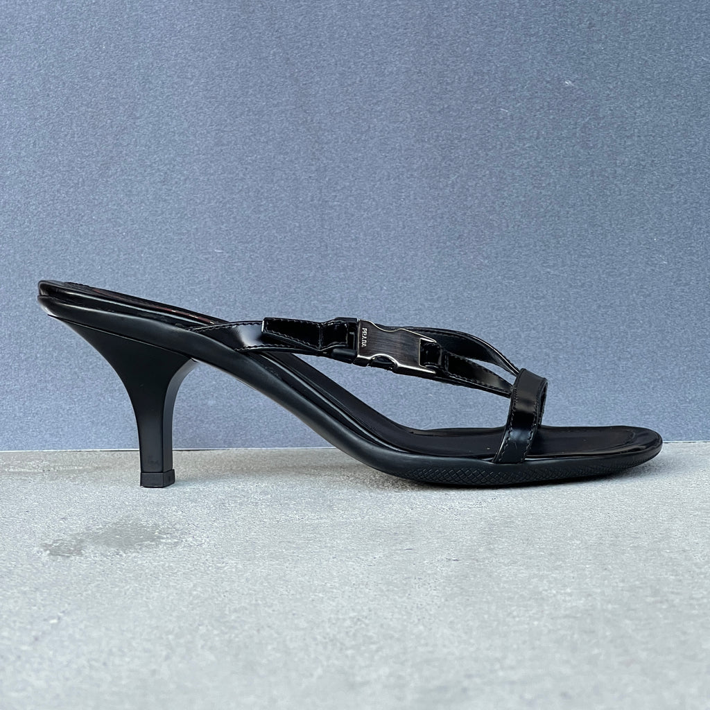 Prada | Vintage 2000s Black Leather Silver Logo Buckle Kitten Heel Mules (36.5)